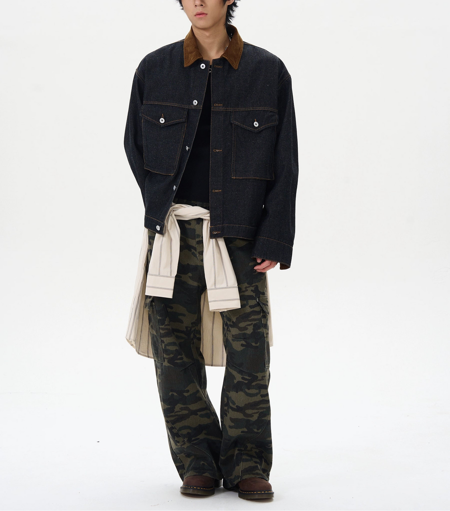 JS10070 Oversized Denim Jacket with Suede Collar