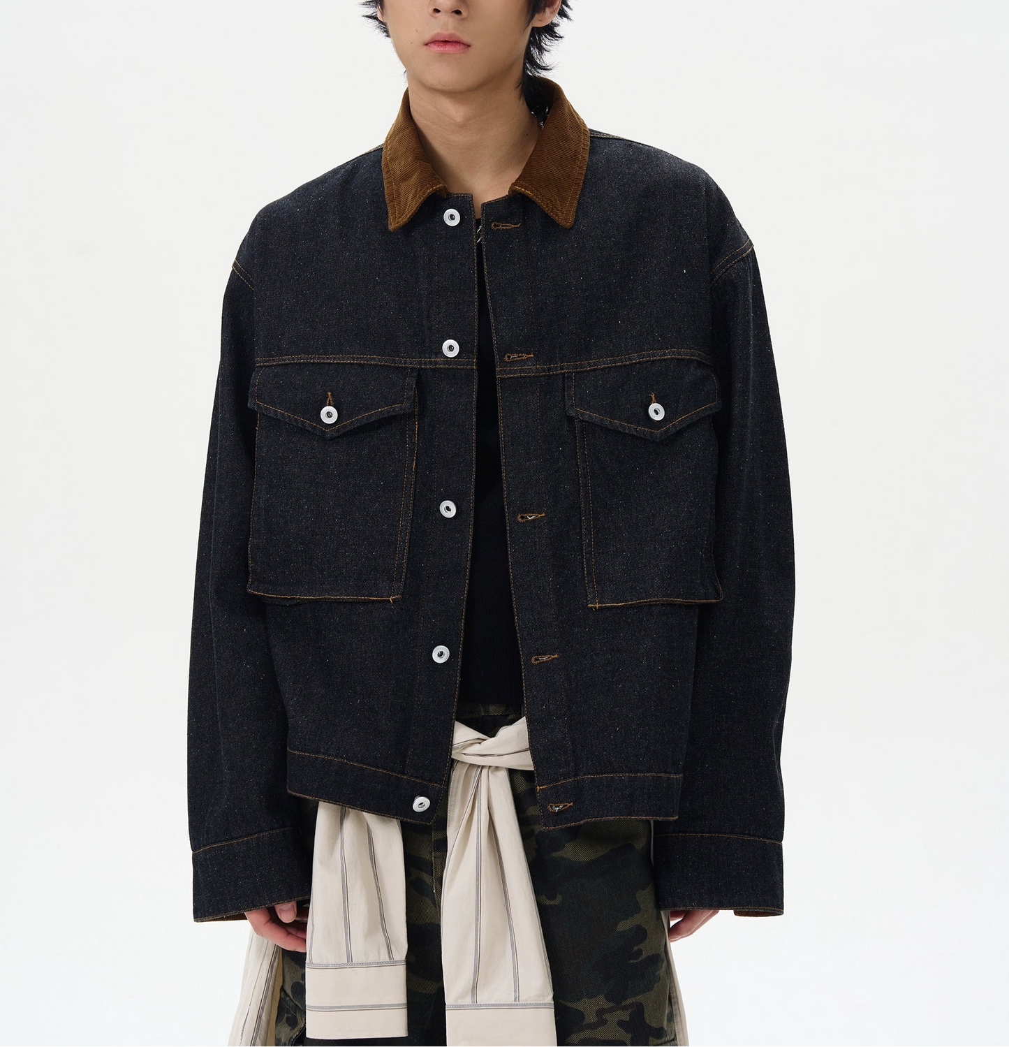 JS10070 Oversized Denim Jacket with Suede Collar