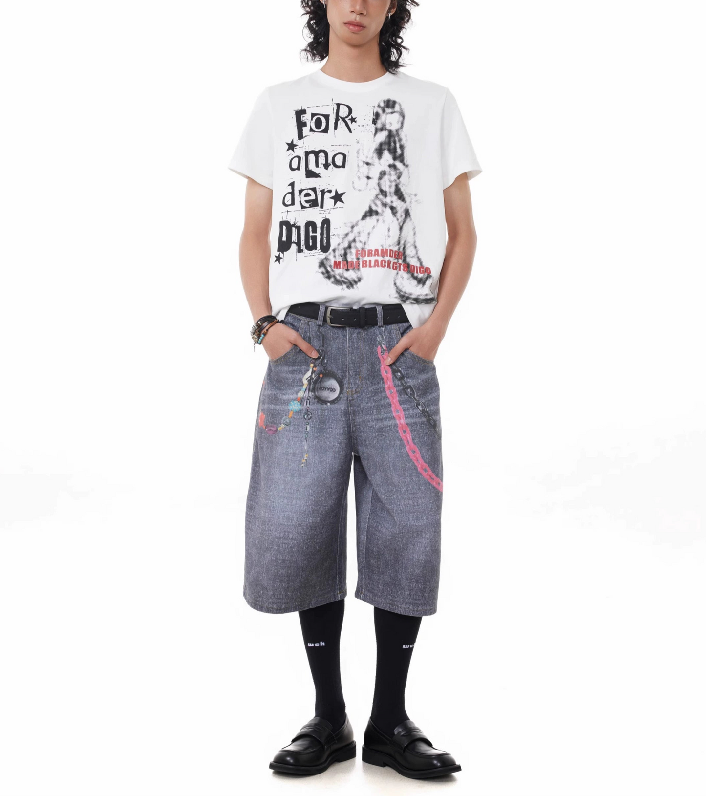 TJ10146 Baggy Vintage 3D Digital Printed Pink Chain Shorts