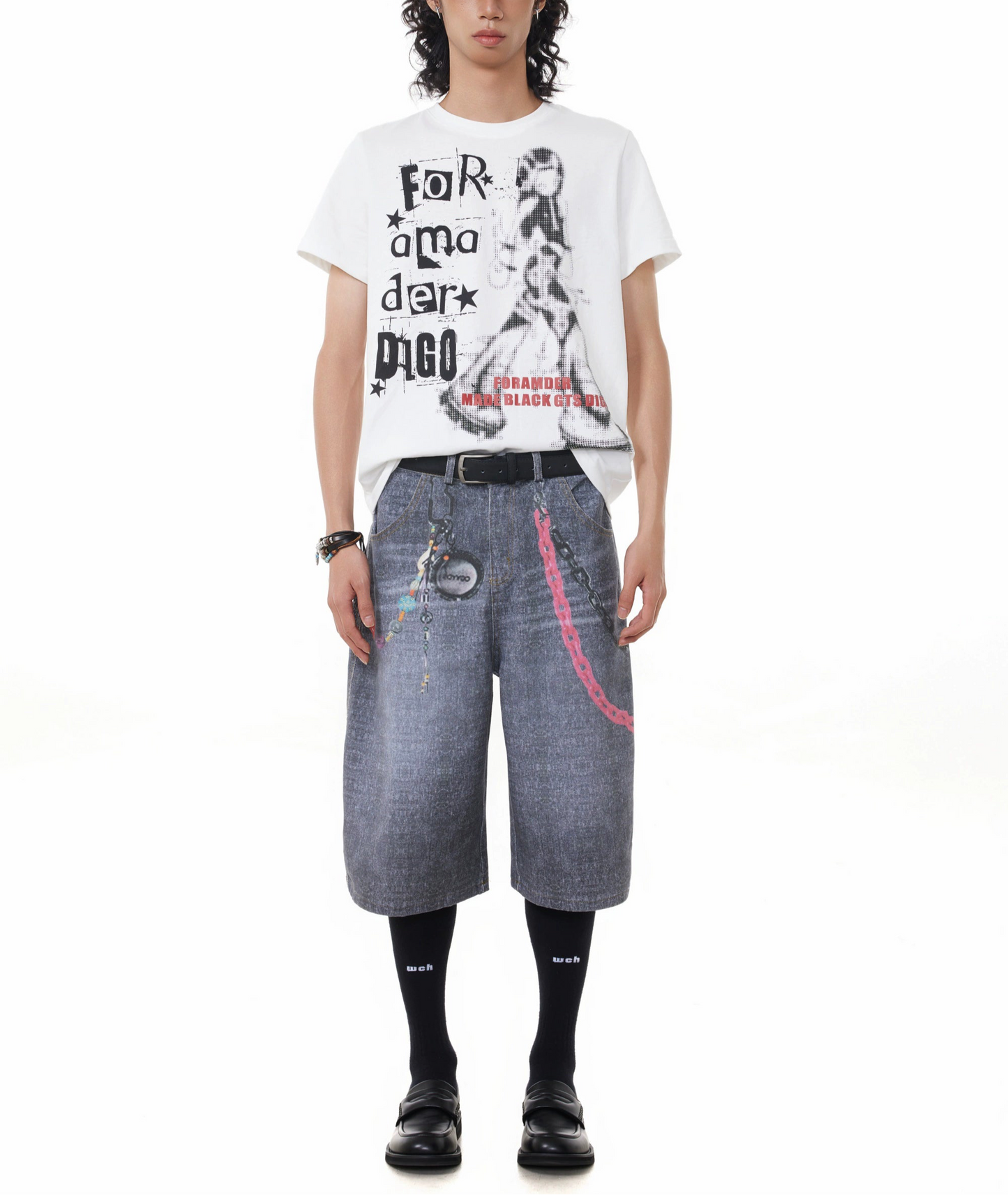 TJ10146 Baggy Vintage 3D Digital Printed Pink Chain Shorts
