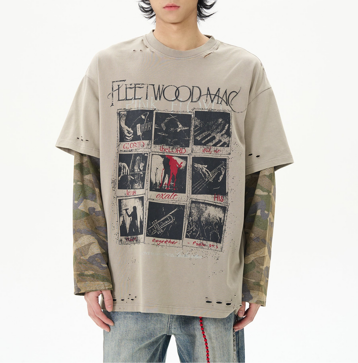 TLS140 Oversized Distressed Layered Camo Long Sleeve Tee