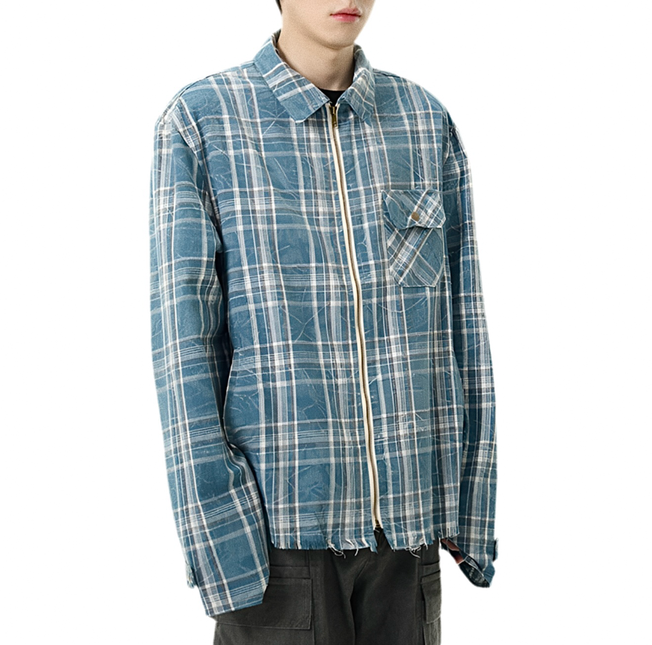 JS10017 Oversized Plaid Jacket/ Distressed Zip Up