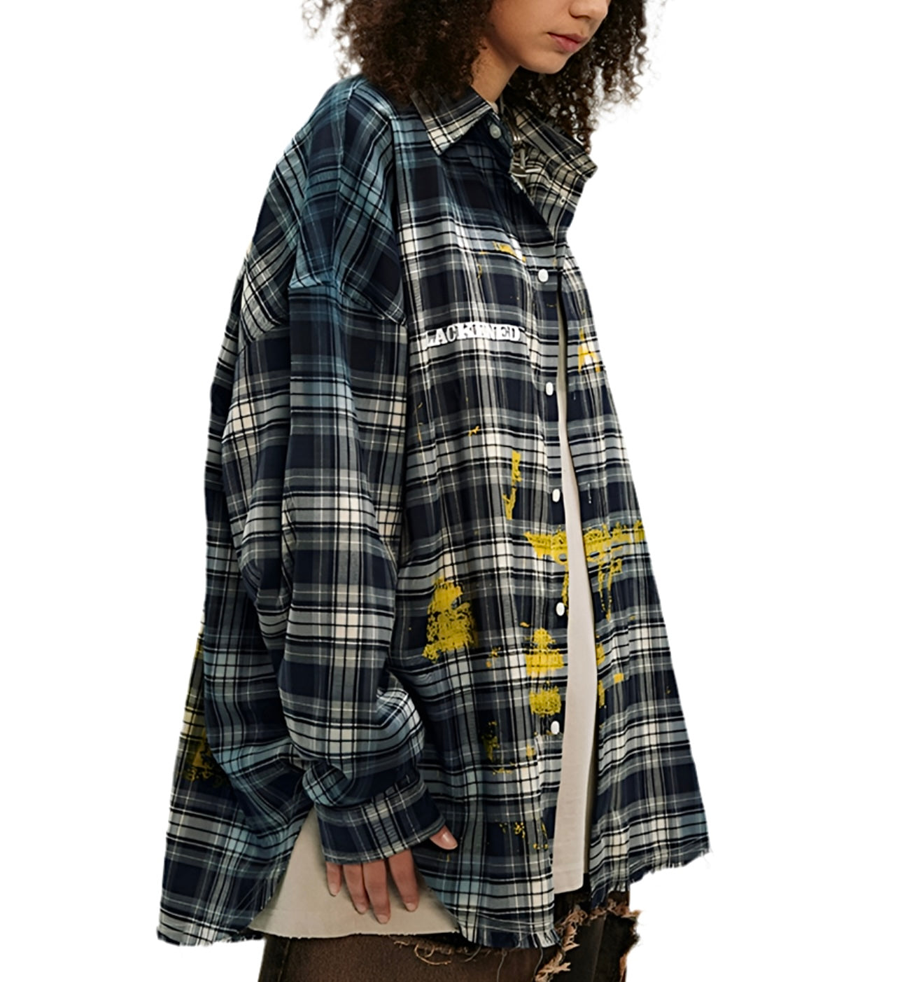 JS10015 Oversized Plaid Shirt/ Graffiti Fade
