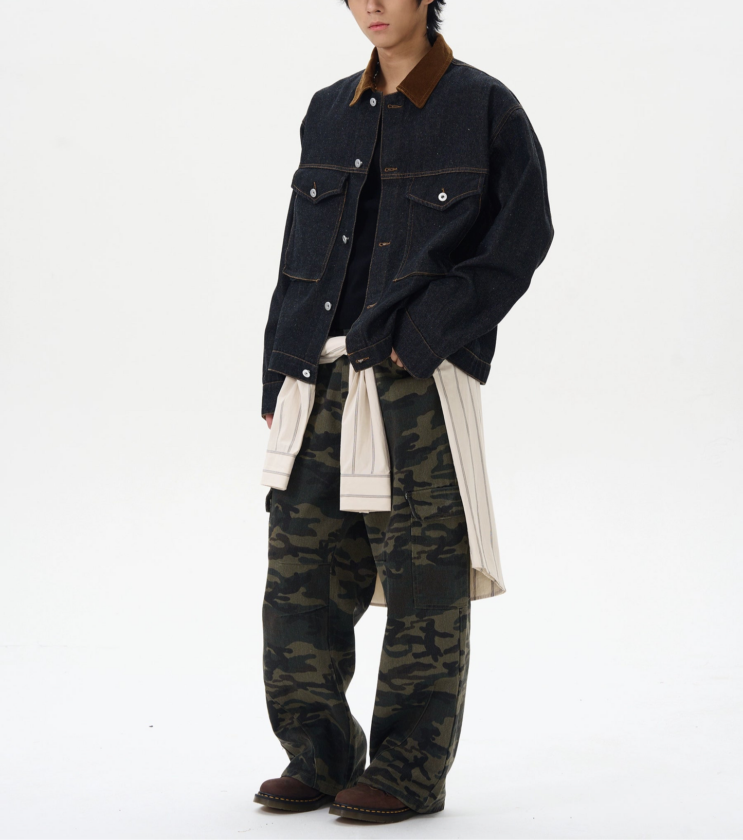 JS10070 Oversized Denim Jacket with Suede Collar