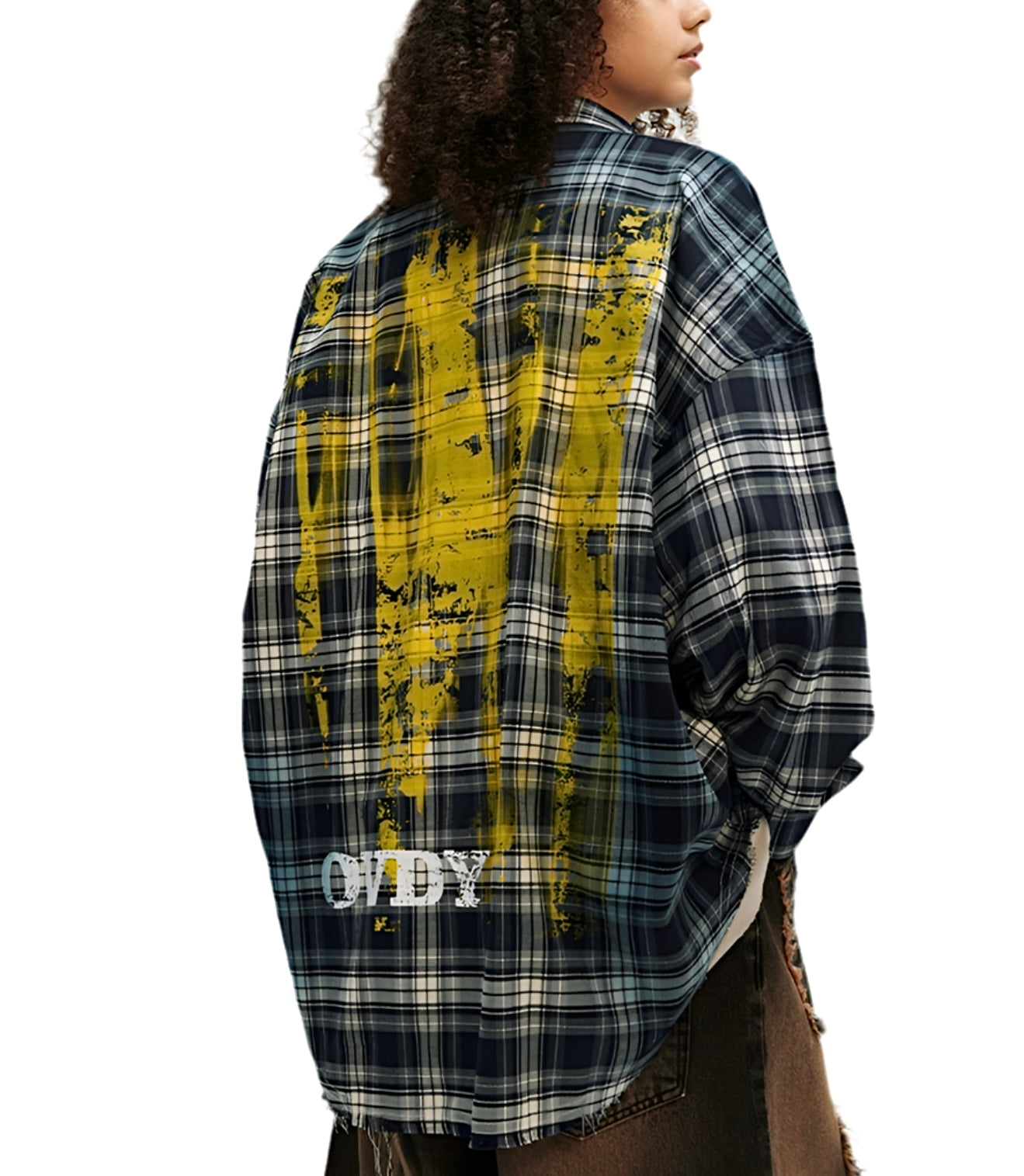 JS10015 Oversized Plaid Shirt/ Graffiti Fade