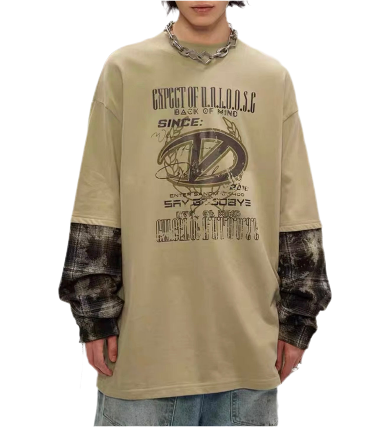 TLS119 Oversized Long Sleeve tee/ Plaid Fade Fusion