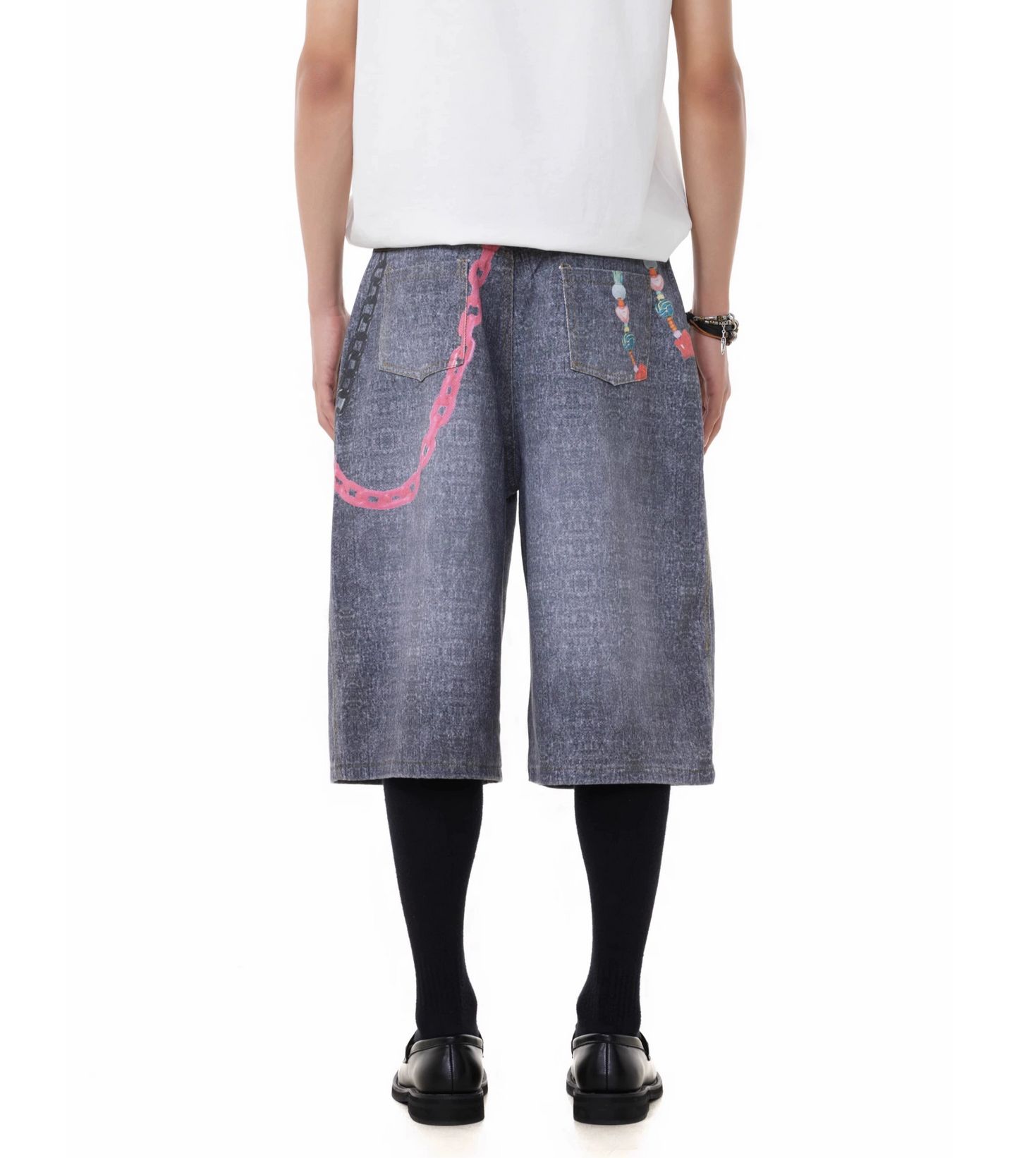 TJ10146 Baggy Vintage 3D Digital Printed Pink Chain Shorts
