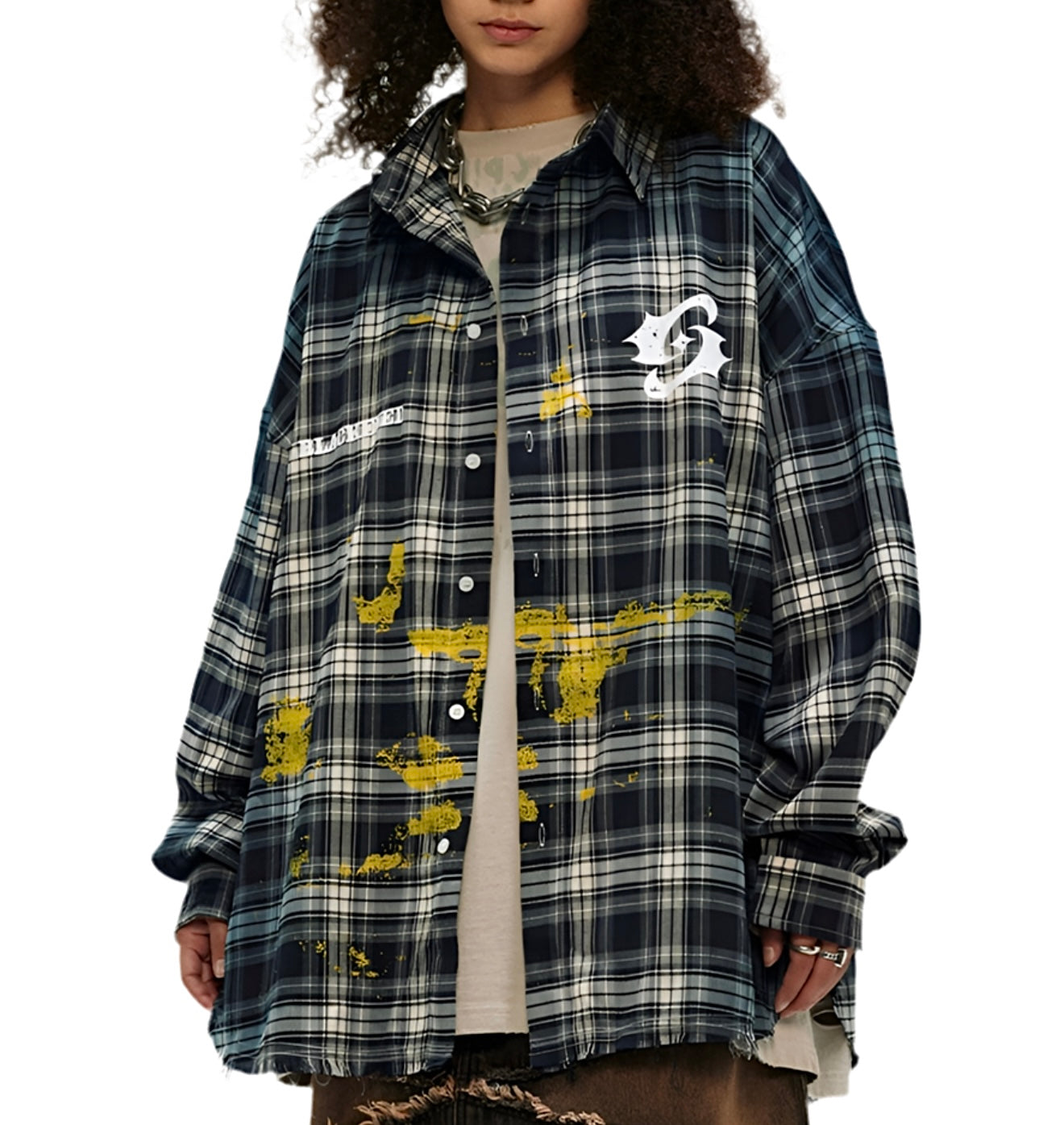 JS10015 Oversized Plaid Shirt/ Graffiti Fade