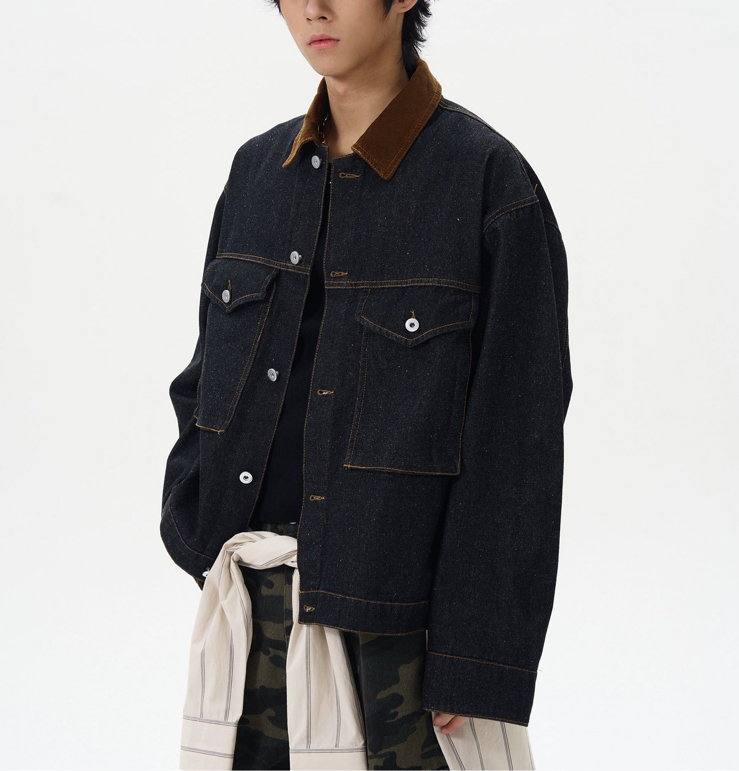 JS10070 Oversized Denim Jacket with Suede Collar