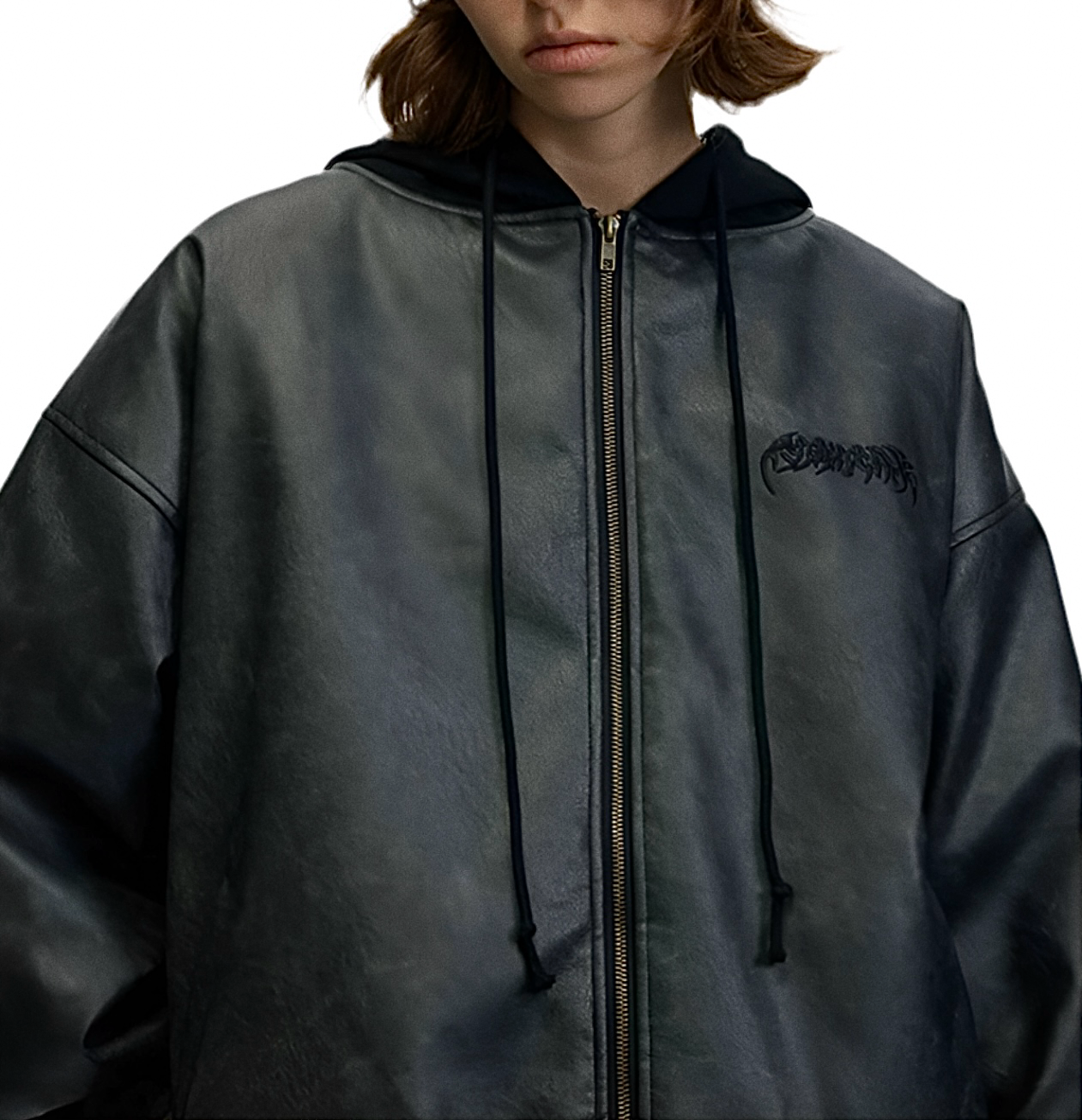 JS10009 Oversized Hooded Jacket/ PU Noir Haven