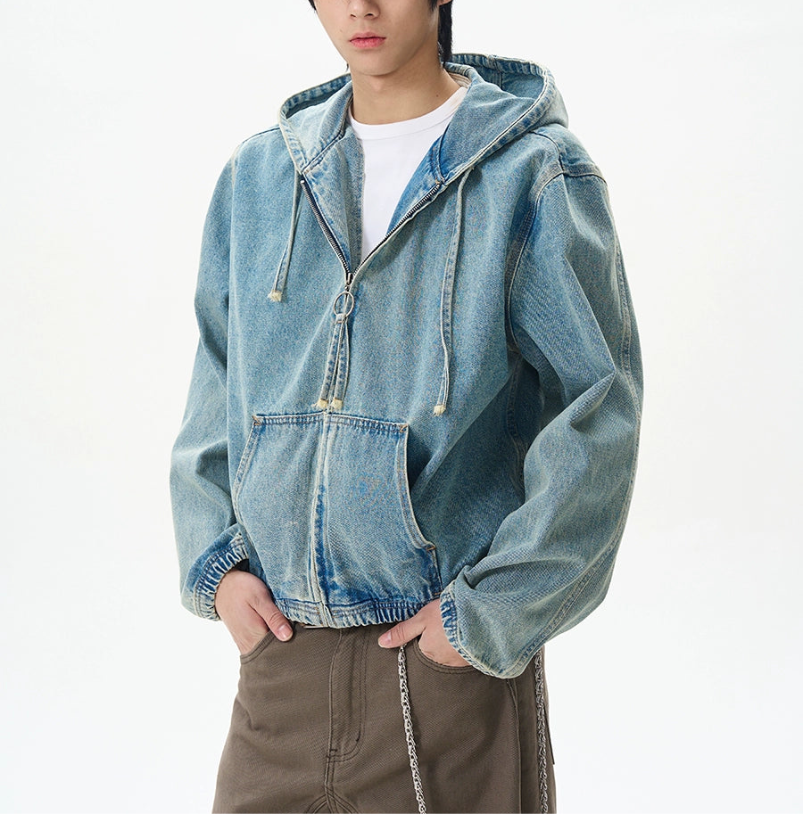 JS10066 Oversized Denim Hooded Cropped Jacket
