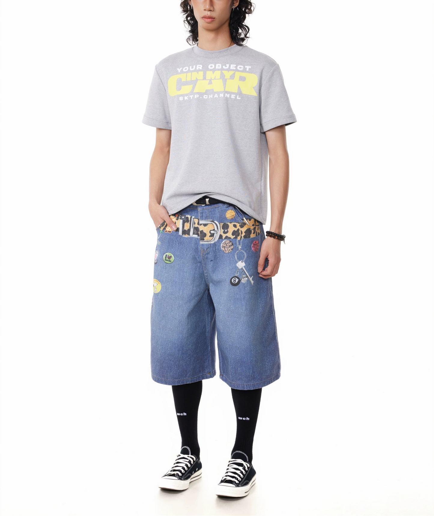 TJ10145 Baggy Vintage 3D Belt Print Denim Shorts/Jorts