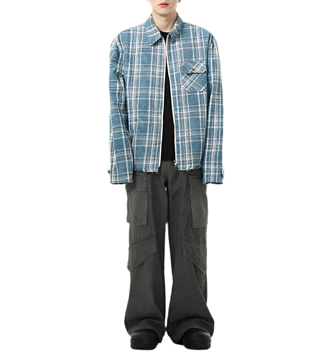 JS10017 Oversized Plaid Jacket/ Distressed Zip Up