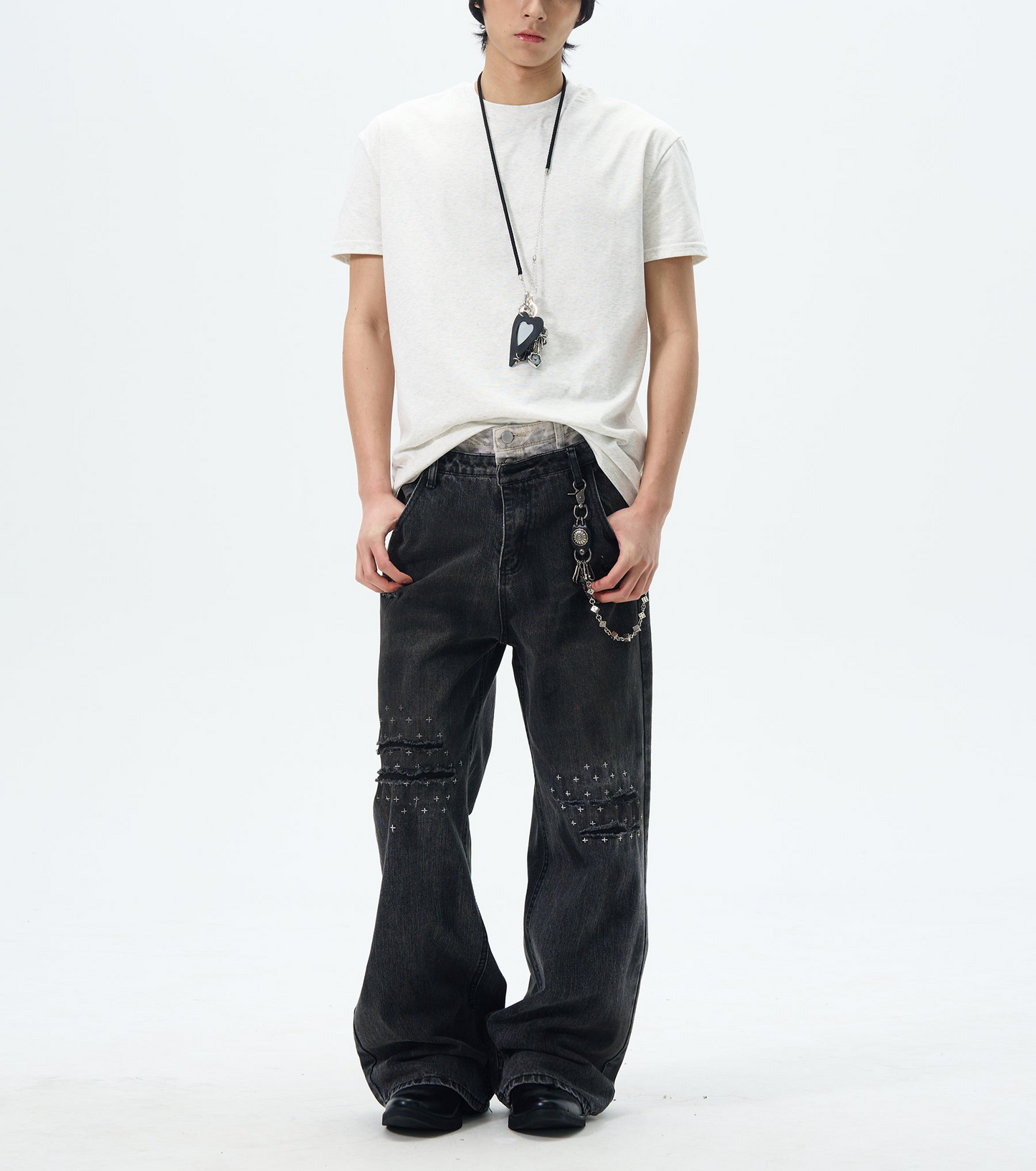 TJ10092 Baggy Double Waist Distressed Washed Jeans