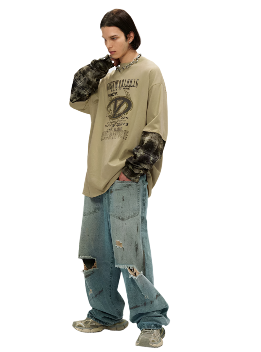TLS119 Oversized Long Sleeve tee/ Plaid Fade Fusion