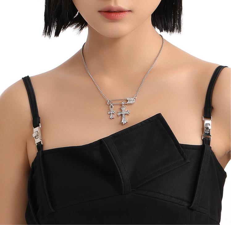 CN1022 Double Cross Necklace/ Flower Paper Clip