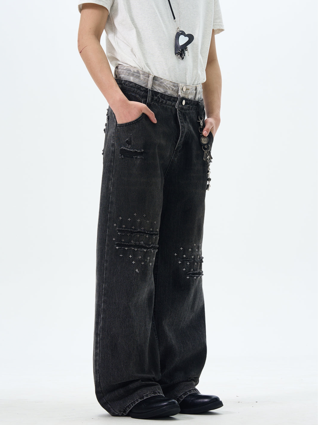 TJ10092 Baggy Double Waist Distressed Washed Jeans