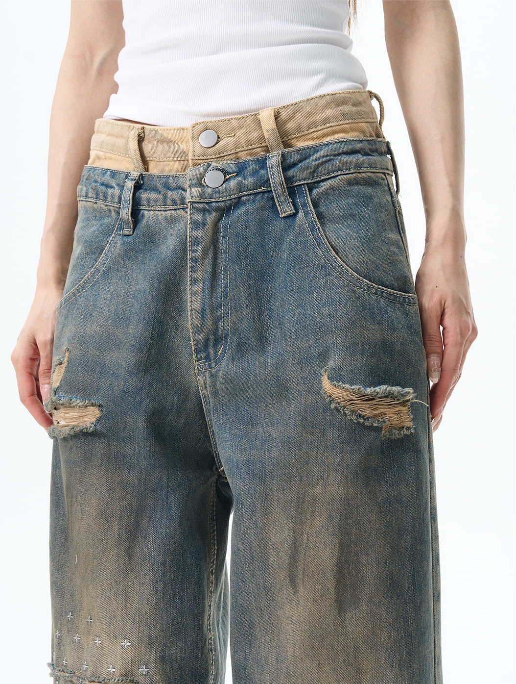 TJ10092 Baggy Double Waist Distressed Washed Jeans