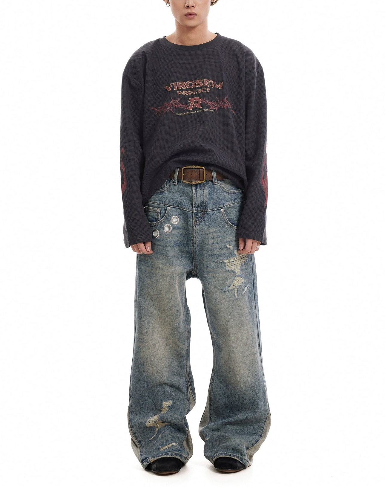 TJ10067 Baggy Vintage Washed Deconstructed Eyelet Jeans