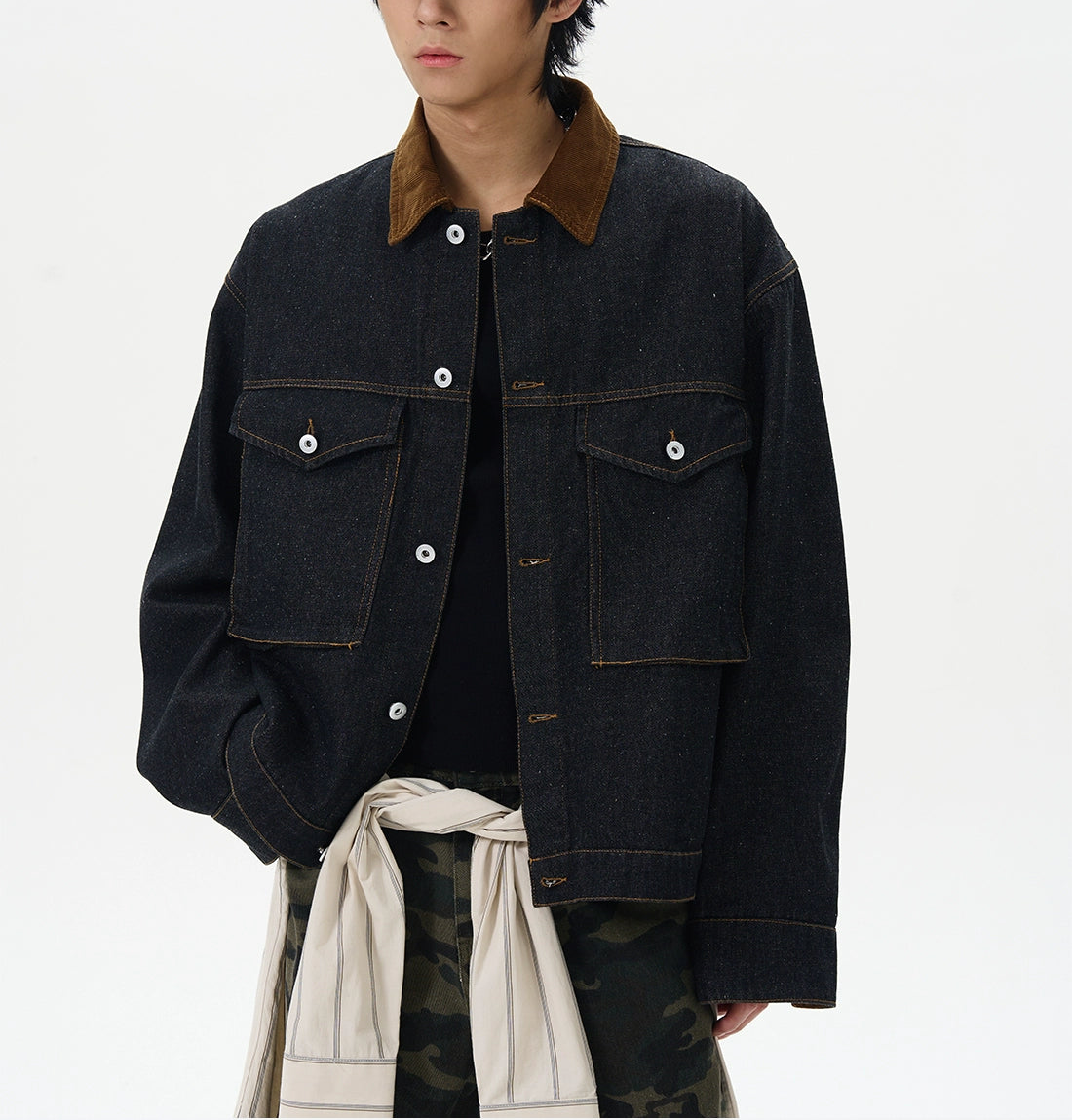 JS10070 Oversized Denim Jacket with Suede Collar