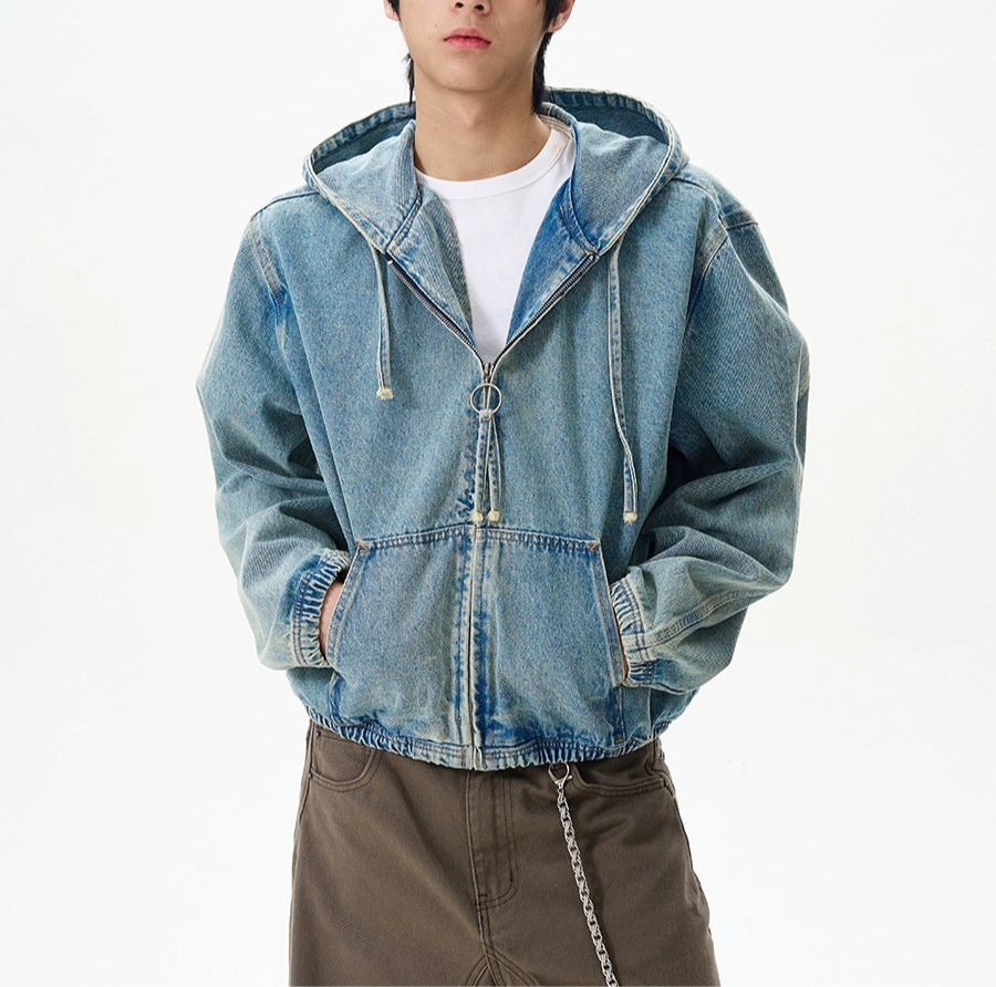 JS10066 Oversized Denim Hooded Cropped Jacket