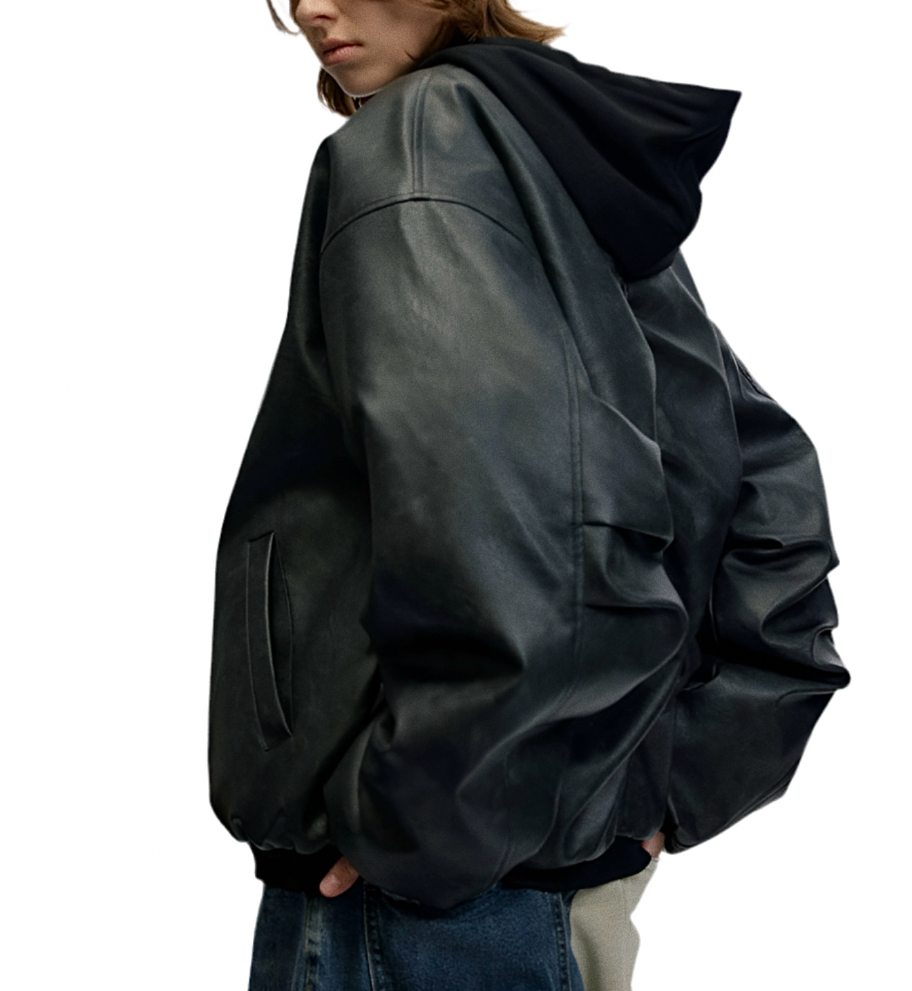 JS10009 Oversized Hooded Jacket/ PU Noir Haven