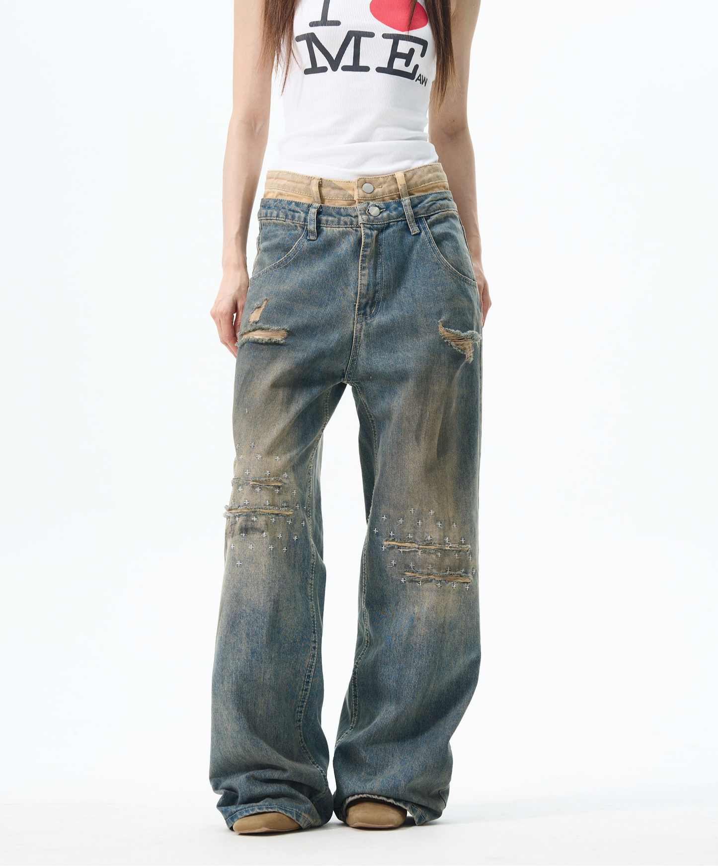 TJ10092 Baggy Double Waist Distressed Washed Jeans