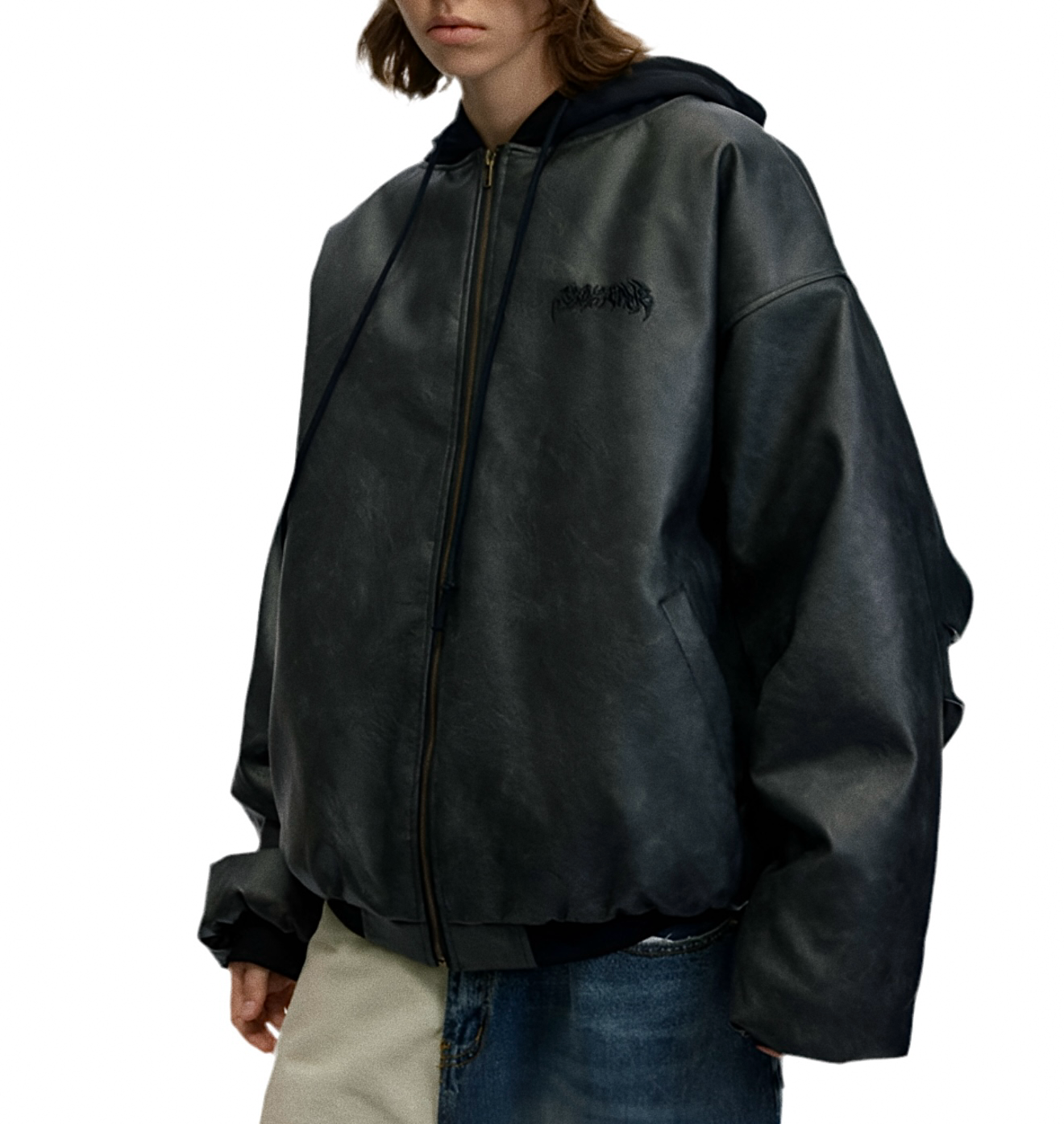 JS10009 Oversized Hooded Jacket/ PU Noir Haven