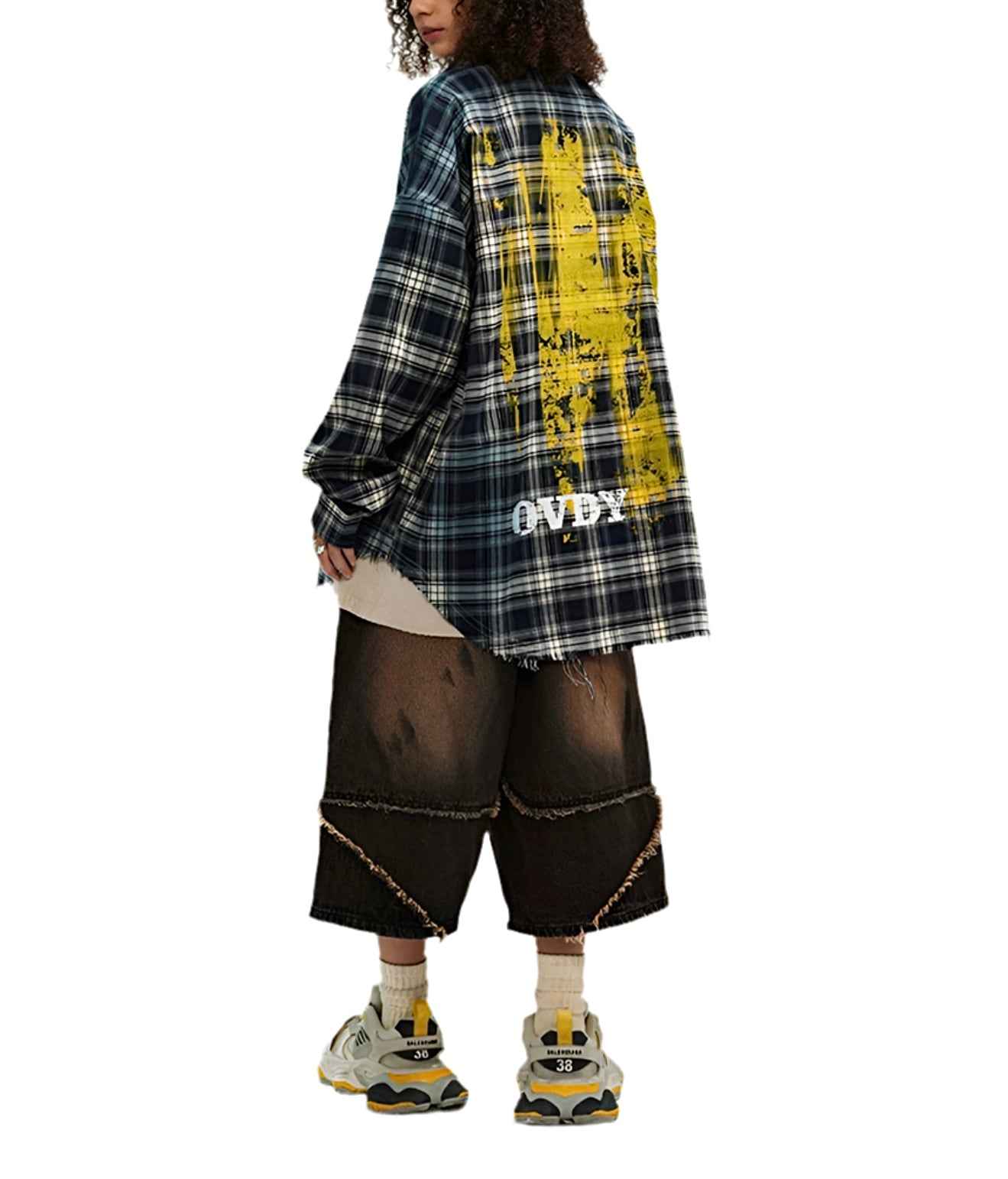 JS10015 Oversized Plaid Shirt/ Graffiti Fade
