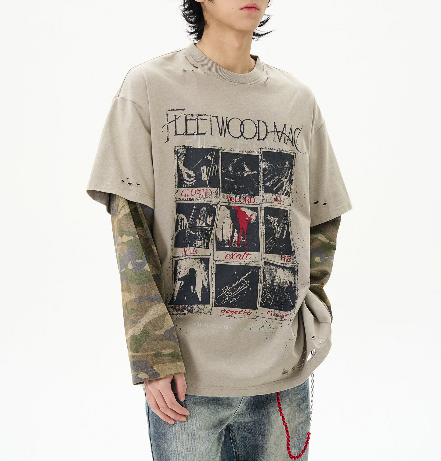 TLS140 Oversized Distressed Layered Camo Long Sleeve Tee