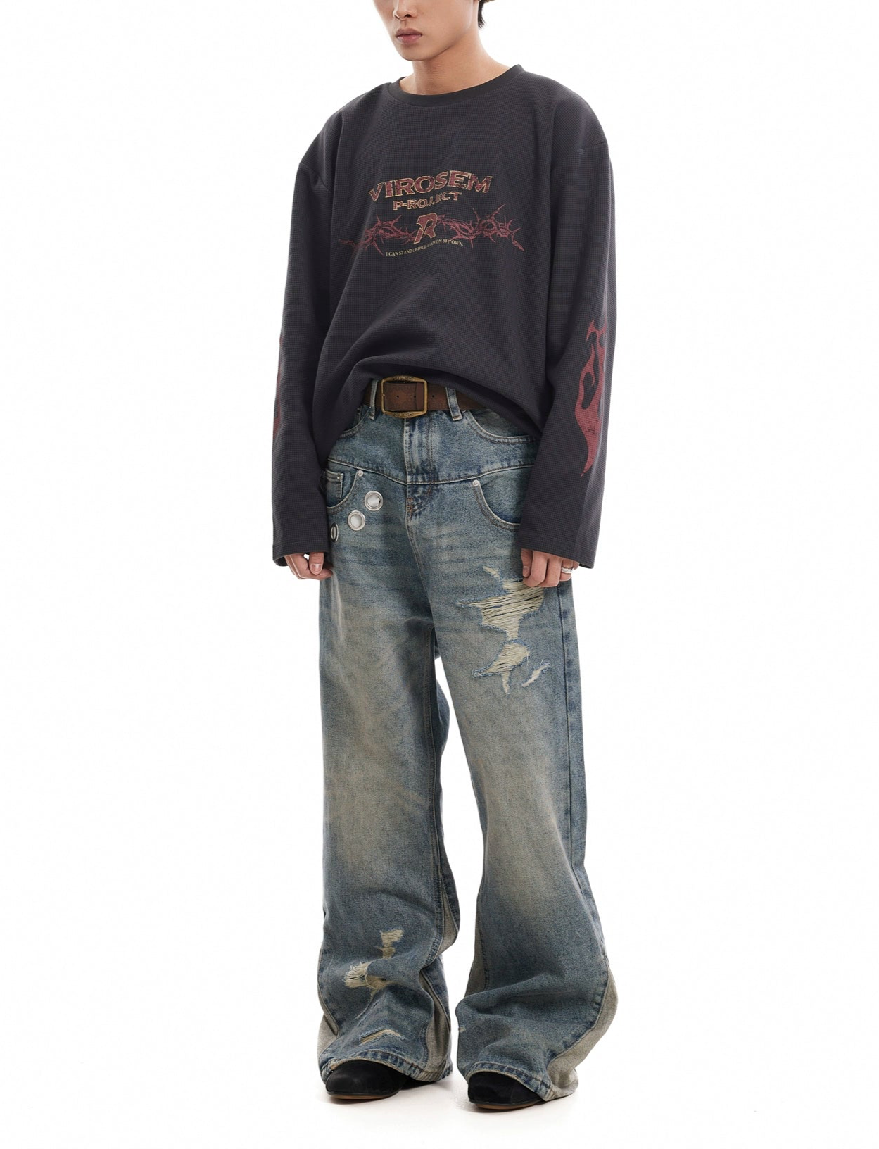 TJ10067 Baggy Vintage Washed Deconstructed Eyelet Jeans