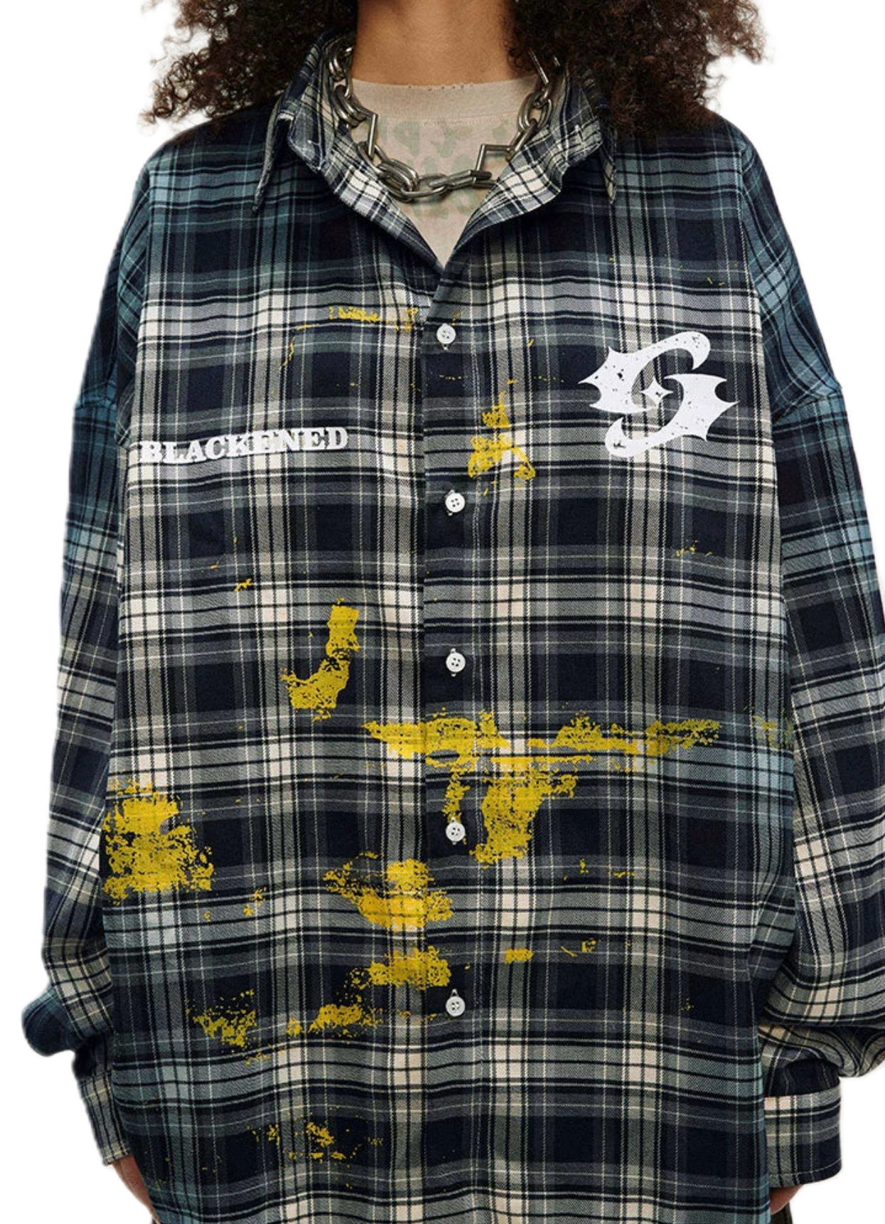 JS10015 Oversized Plaid Shirt/ Graffiti Fade