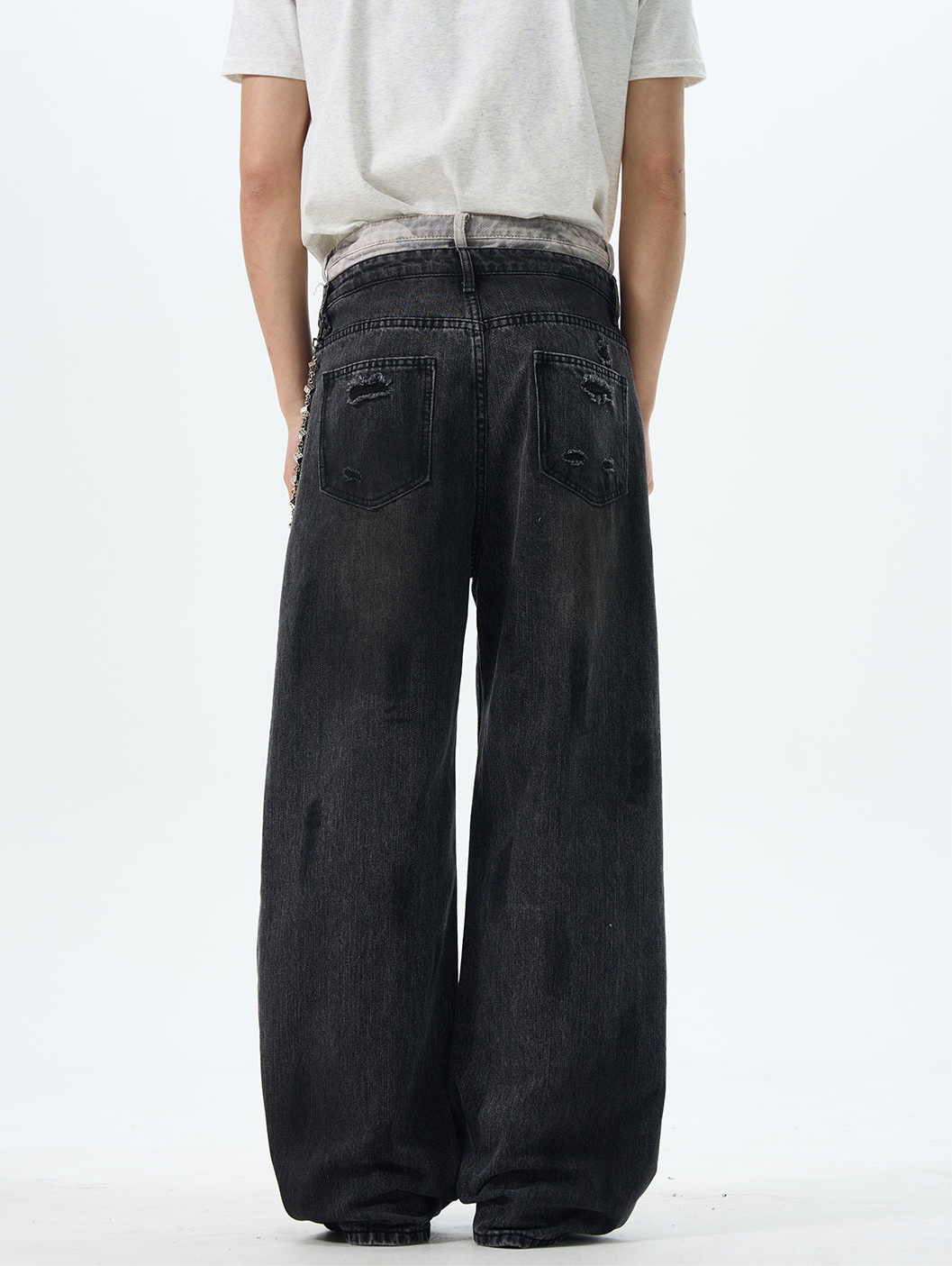 TJ10092 Baggy Double Waist Distressed Washed Jeans
