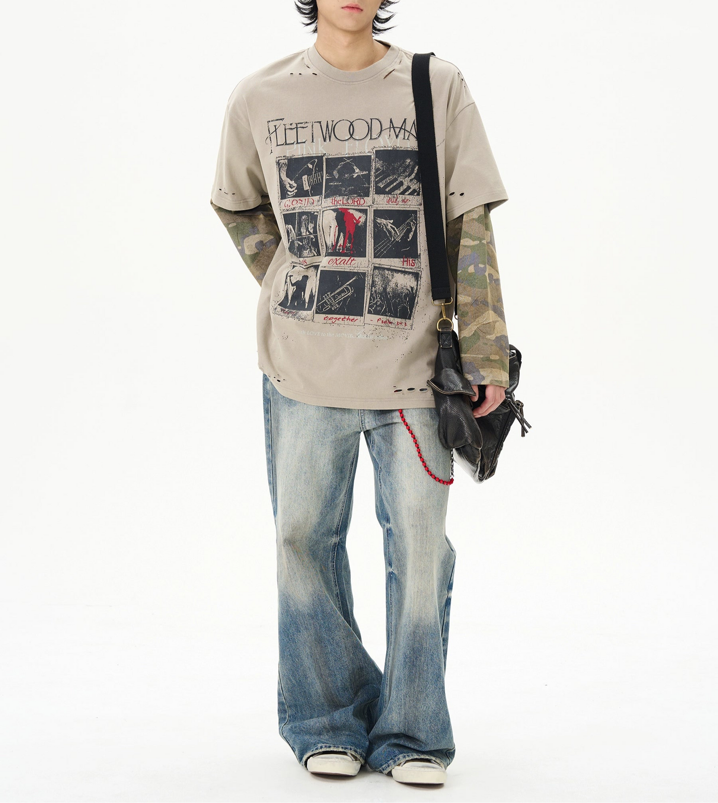 TLS140 Oversized Distressed Layered Camo Long Sleeve Tee