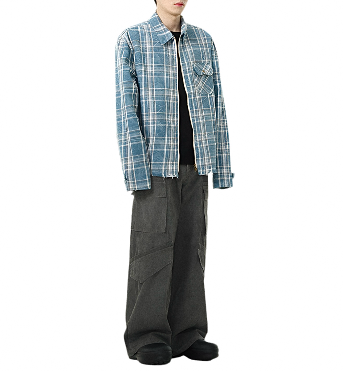 JS10017 Oversized Plaid Jacket/ Distressed Zip Up