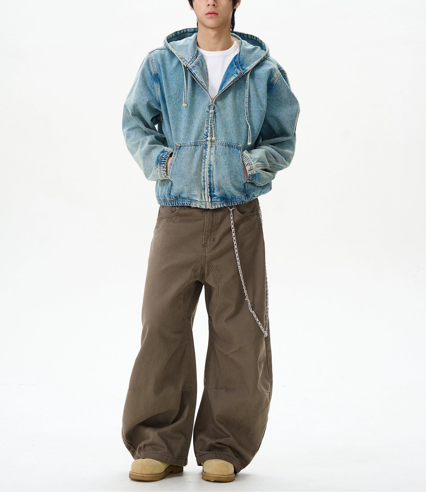 JS10066 Oversized Denim Hooded Cropped Jacket