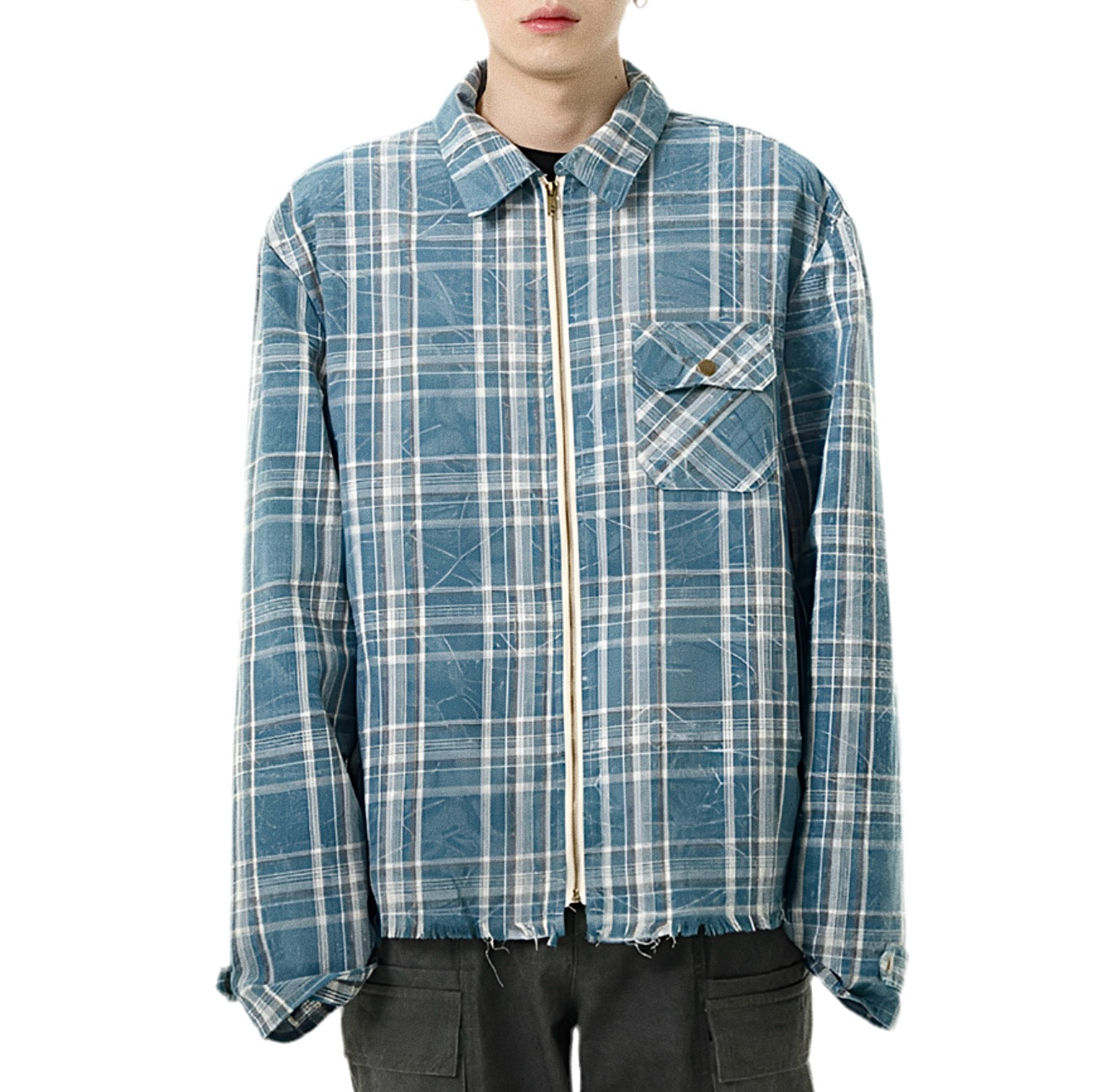 JS10017 Oversized Plaid Jacket/ Distressed Zip Up