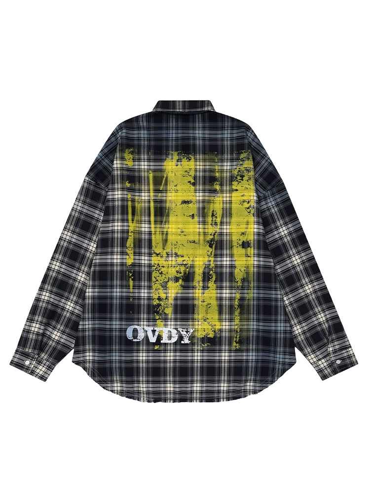 JS10015 Oversized Plaid Shirt/ Graffiti Fade