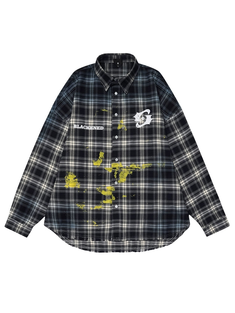 JS10015 Oversized Plaid Shirt/ Graffiti Fade