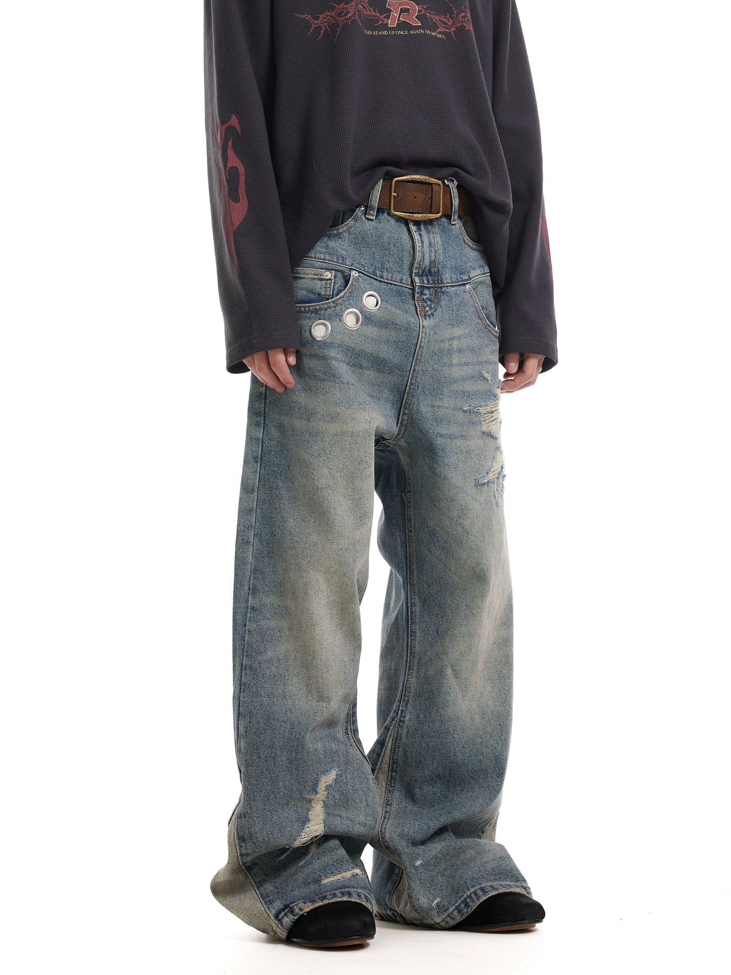 TJ10067 Baggy Vintage Washed Deconstructed Eyelet Jeans
