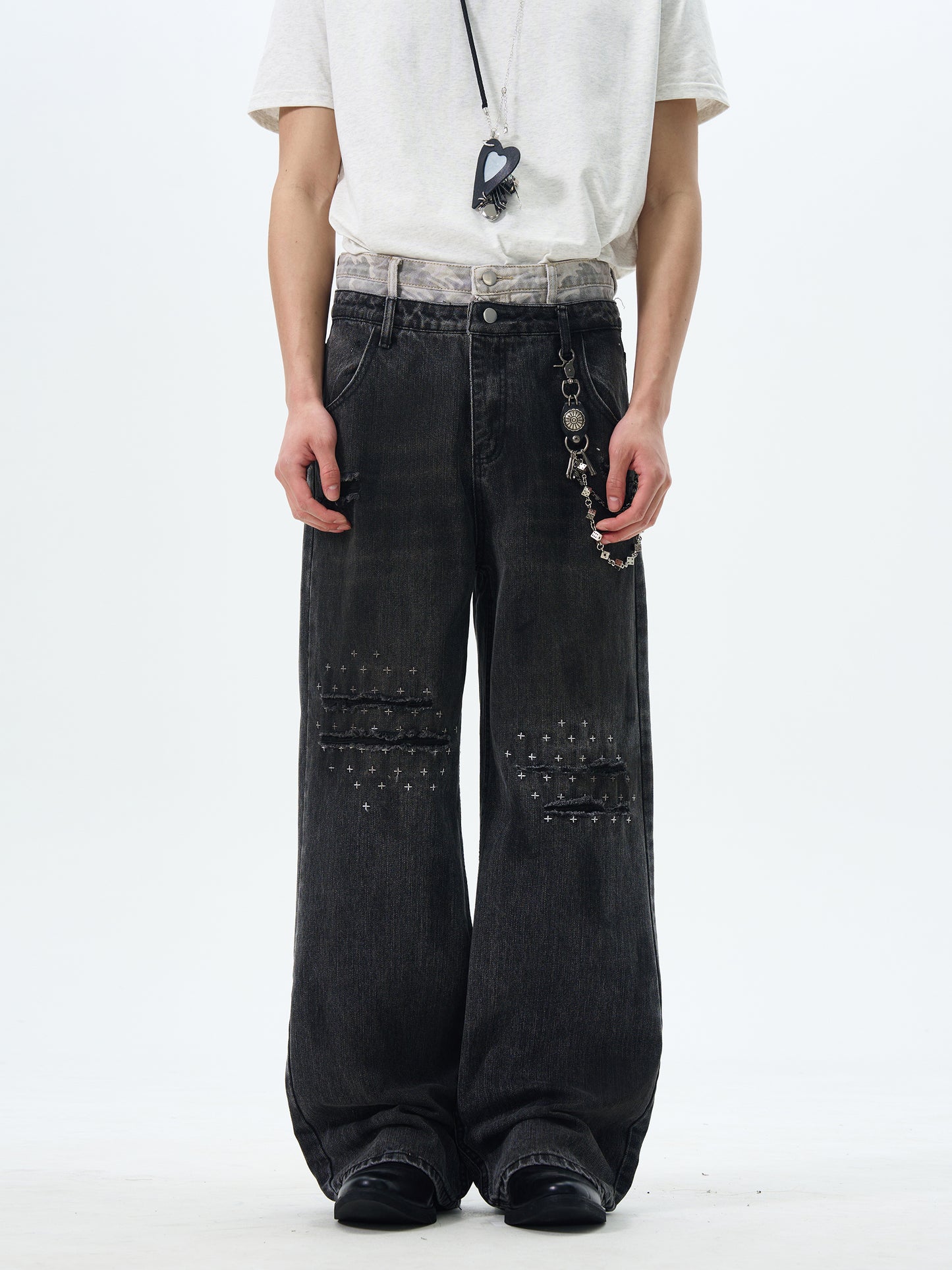 TJ10092 Baggy Double Waist Distressed Washed Jeans