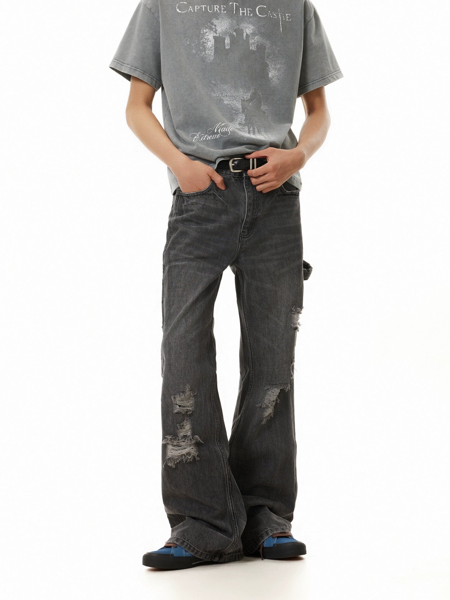 TJ10117 Distressed Gray Washed Flare Jeans