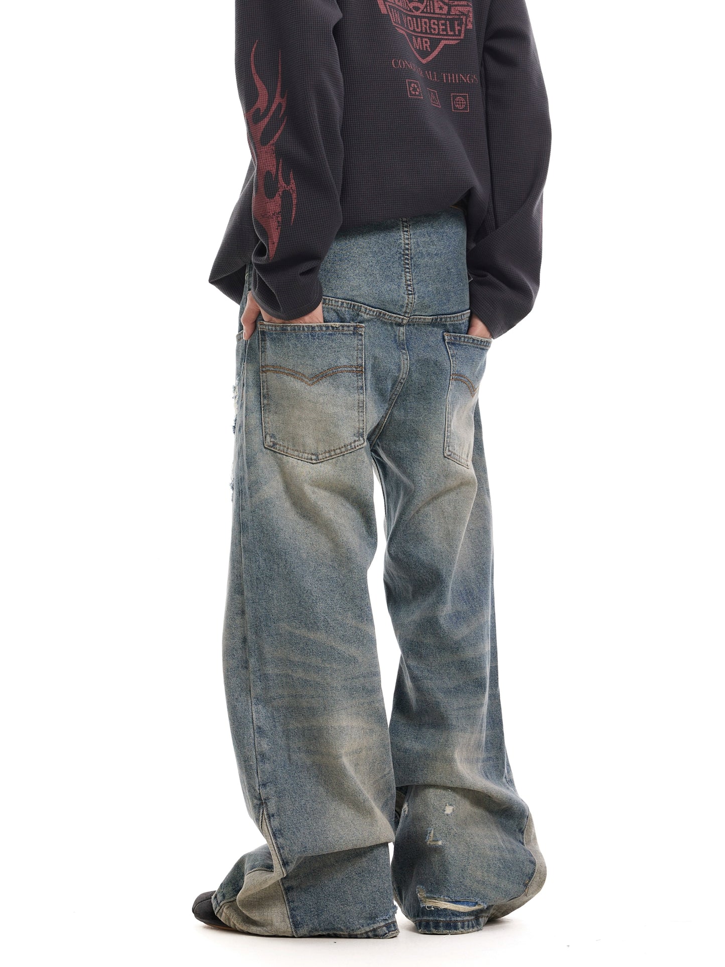 TJ10067 Baggy Vintage Washed Deconstructed Eyelet Jeans