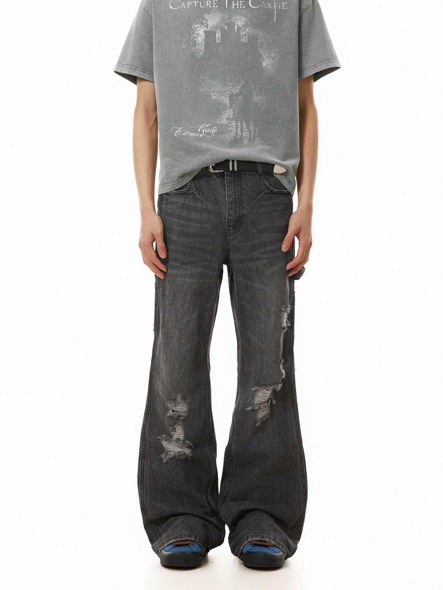 TJ10117 Distressed Gray Washed Flare Jeans
