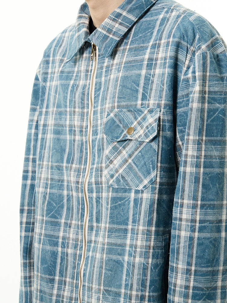 JS10017 Oversized Plaid Jacket/ Distressed Zip Up
