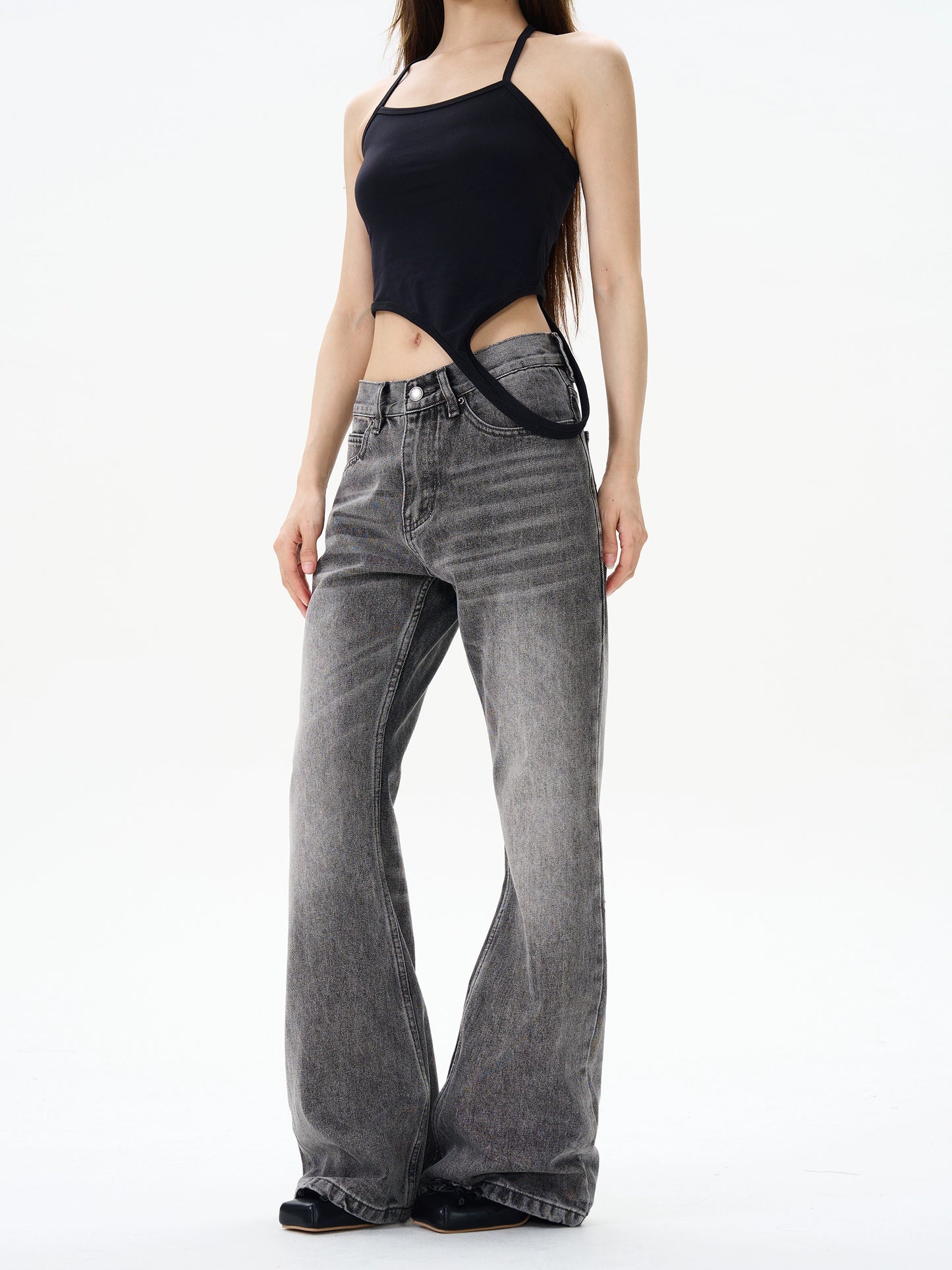 TJ10079 Flare Smoke Gray Washed Jeans