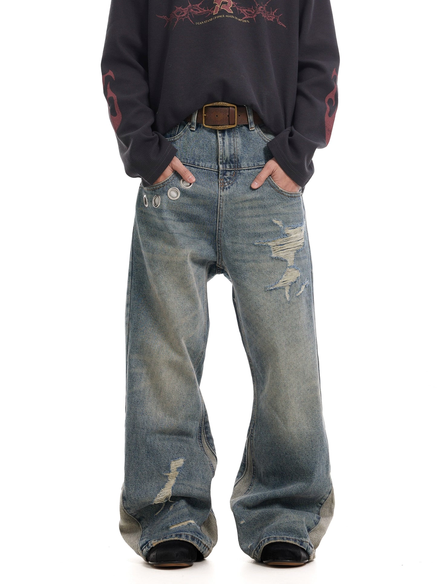 TJ10067 Baggy Vintage Washed Deconstructed Eyelet Jeans