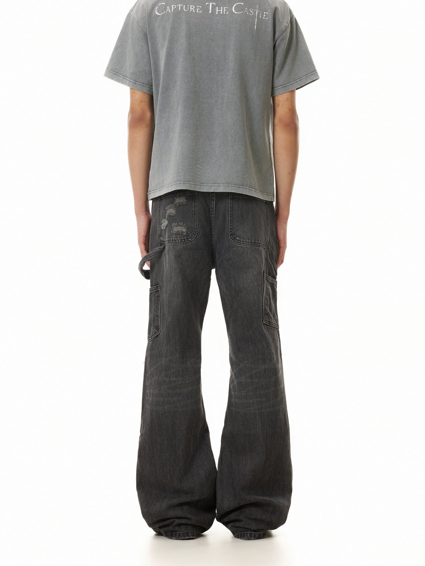 TJ10117 Distressed Gray Washed Flare Jeans