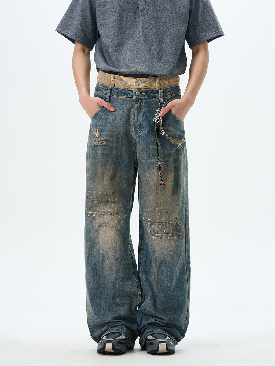 TJ10092 Baggy Double Waist Distressed Washed Jeans