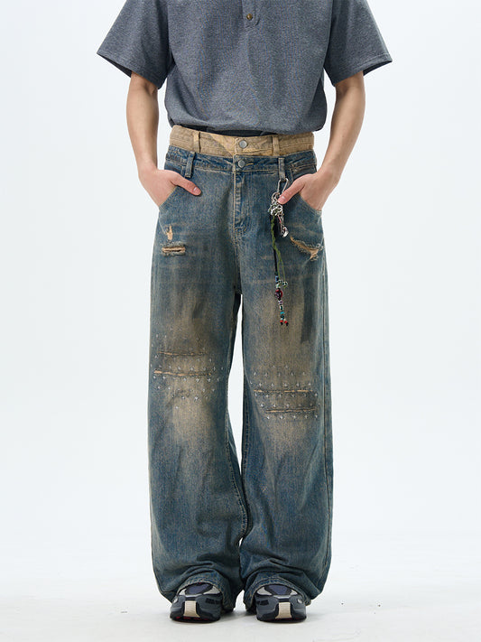 TJ10092 Baggy Double Waist Distressed Washed Jeans